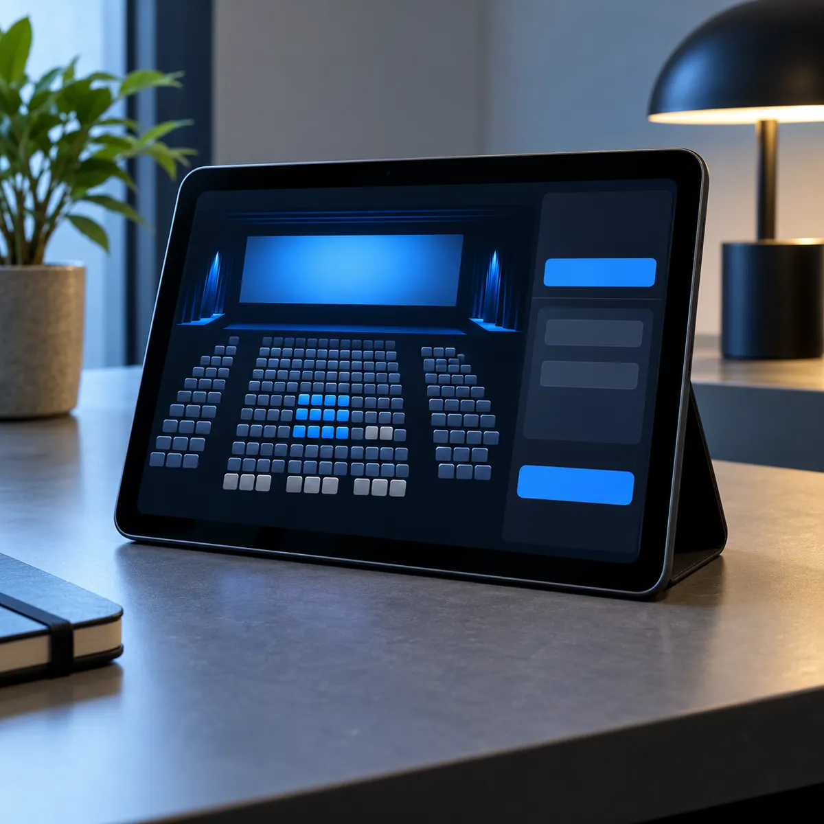 Tablet con el mapa de butacas de una sala y los asientos elegidos resaltados