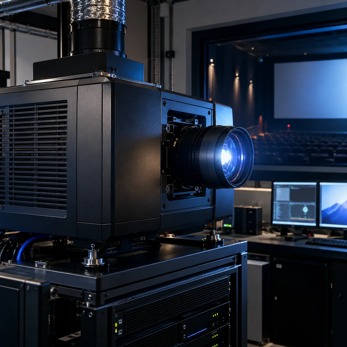 Proyector digital en la cabina de un cine, con la sala y la pantalla de fondo