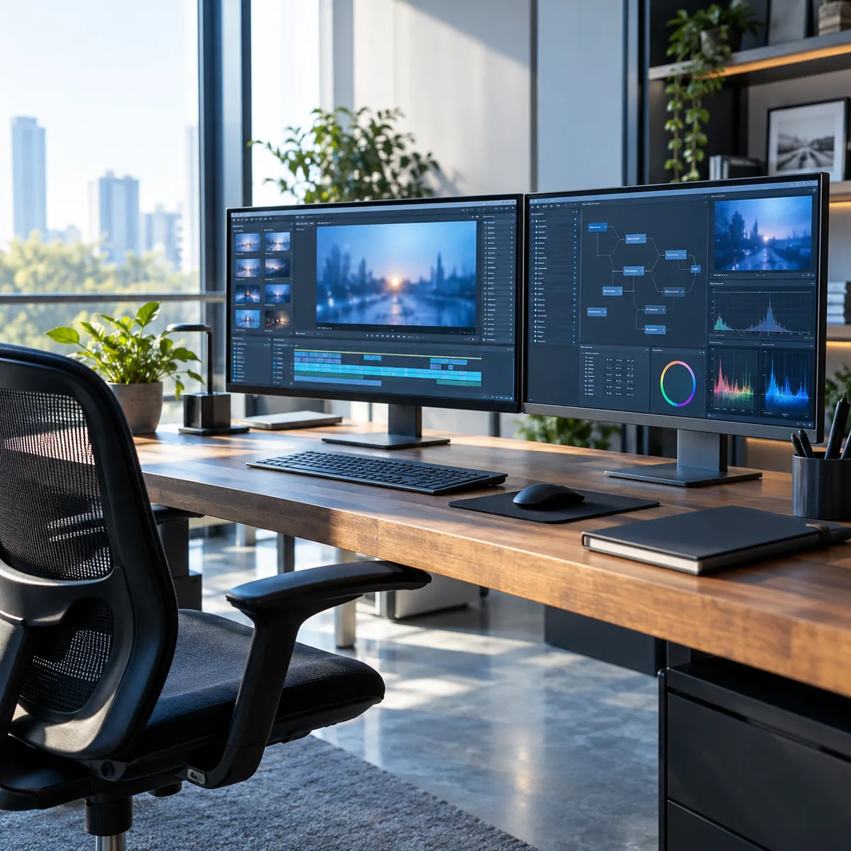 Escritorio con dos monitores con herramientas de desarrollo y edición de video