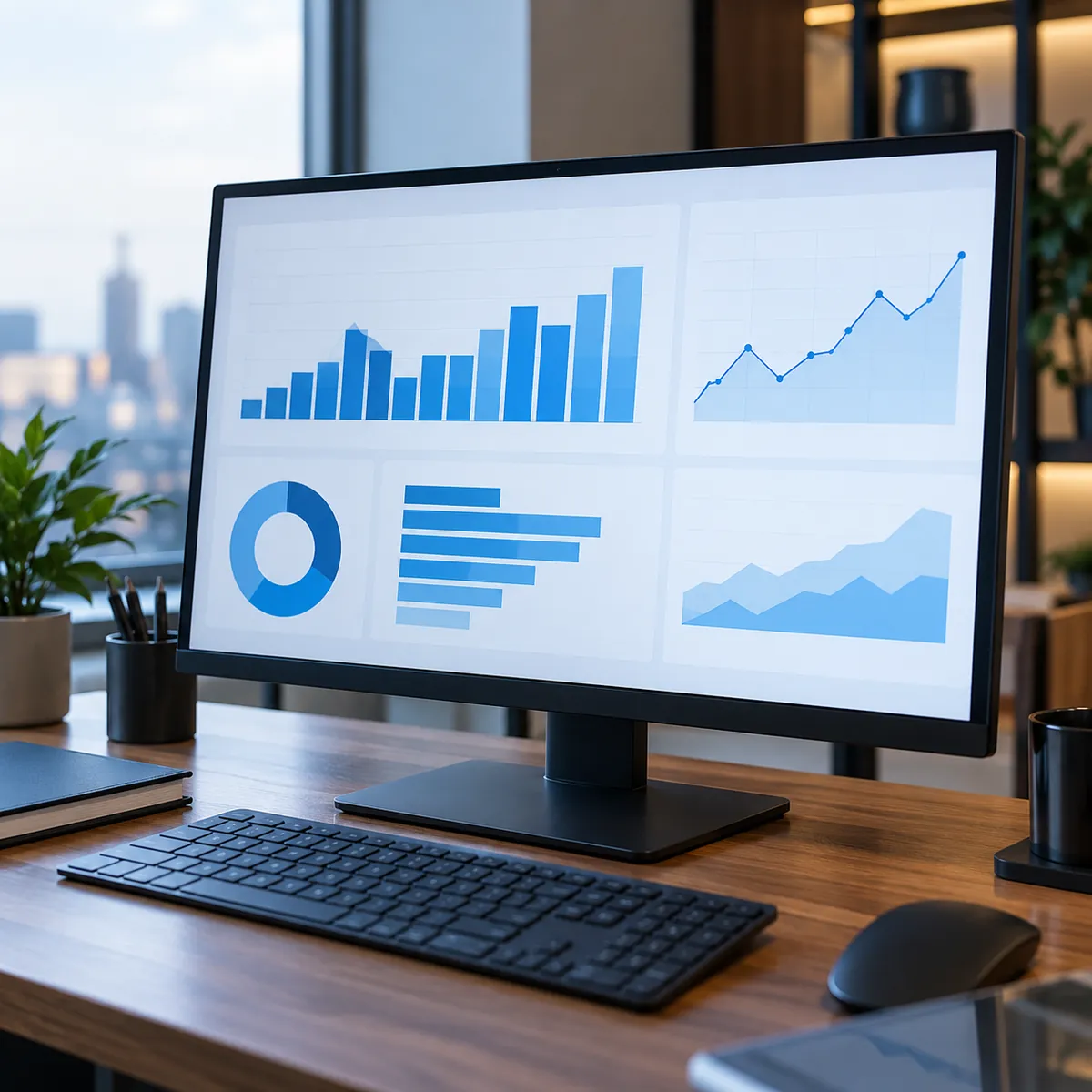 Monitor con gráficos de barras, líneas y torta de un tablero de métricas