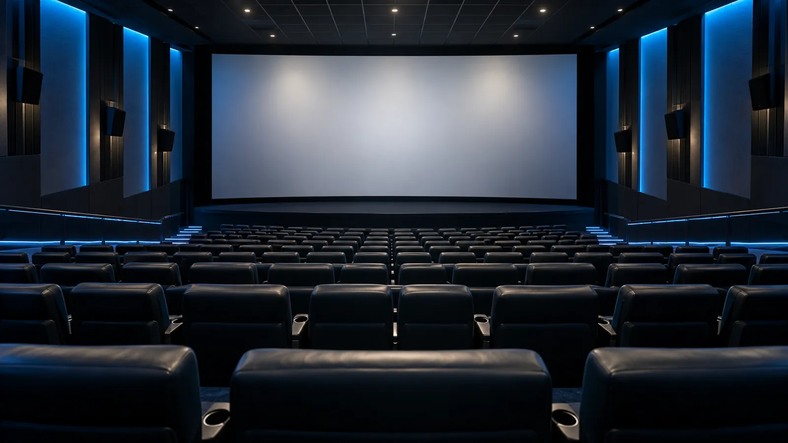 Sala de cine con butacas de cuero frente a la pantalla, con luces azules en las paredes
