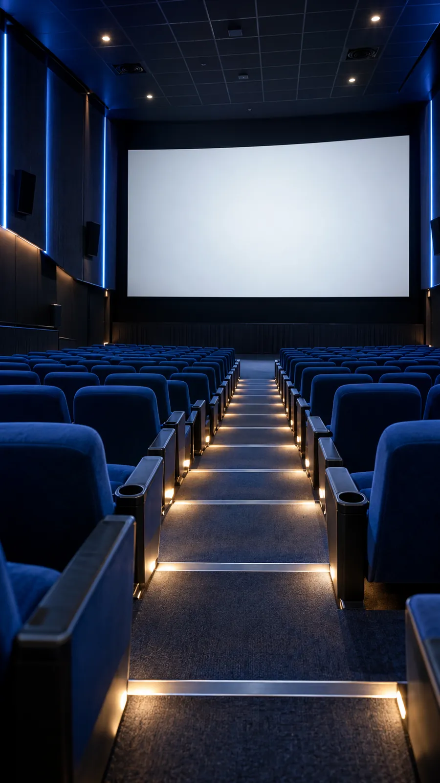 Pasillo iluminado de una sala de cine con butacas azules frente a la pantalla